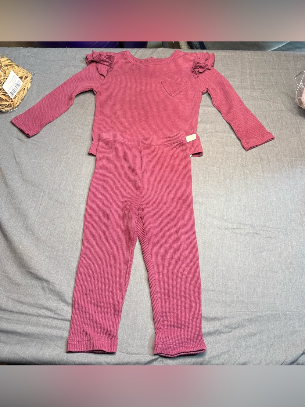 Koala Kids Mauve Pink Ribbed Heart Ruffle Long-Sleeve One-Piece